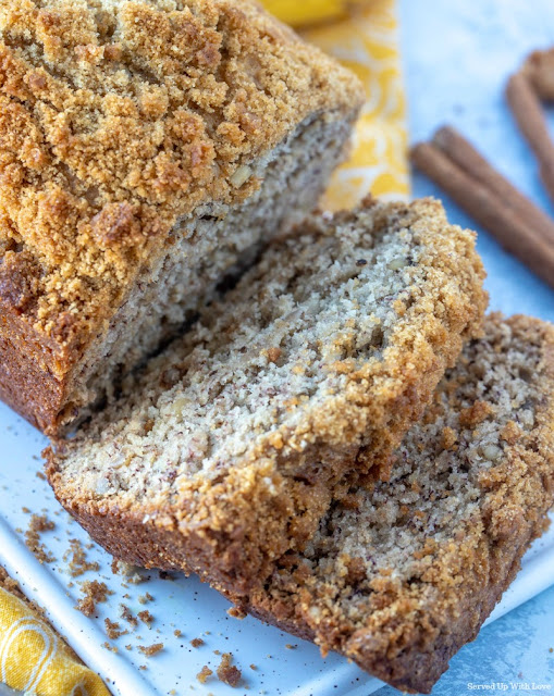 Cinnamon Crumb Banana Bread with nuts recipe from Served Up With Love