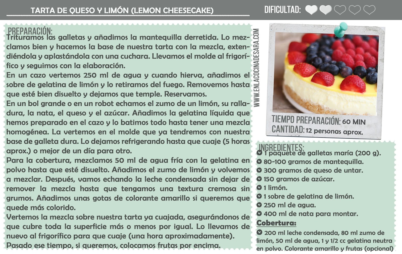 En la cocina de Sara: Tarta de queso y limón Lemon Cheesecake (Sin horno)