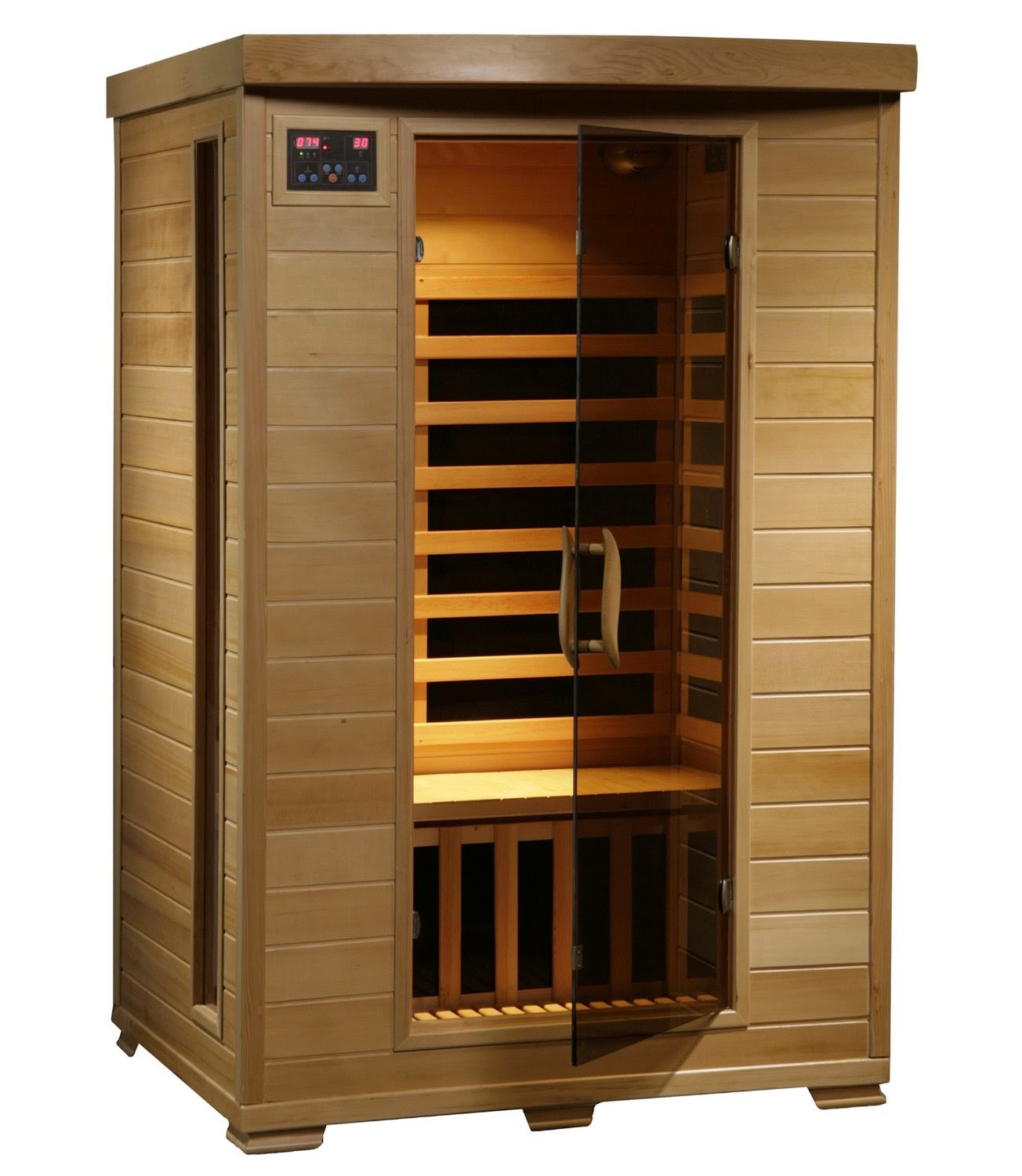 Radiant Saunas BSA2409 2-Person Hemlock Infrared Sauna with 6 Carbon Heaters, review, low cost home sauna, tongue and groove construction with quick buckle assembly, heats up to 141 degrees F, tinted tempered safety glass door