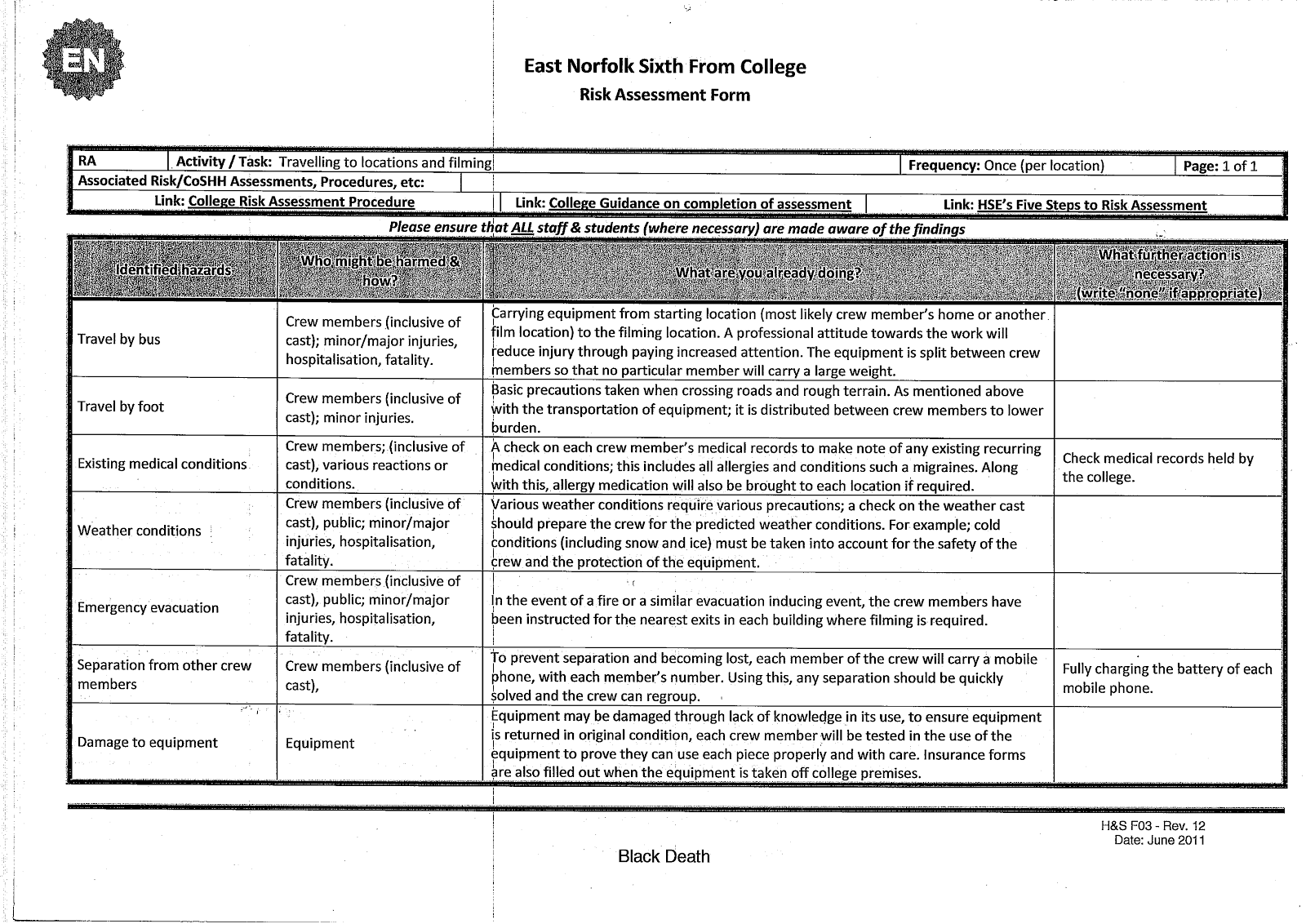Jason Hewett A2 Media Blog 201213 Risk assessment for film shoot
