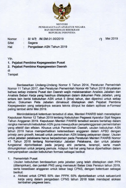 Surat Edaran Menpan Tentang Pengadaan Asn Tahun 2019