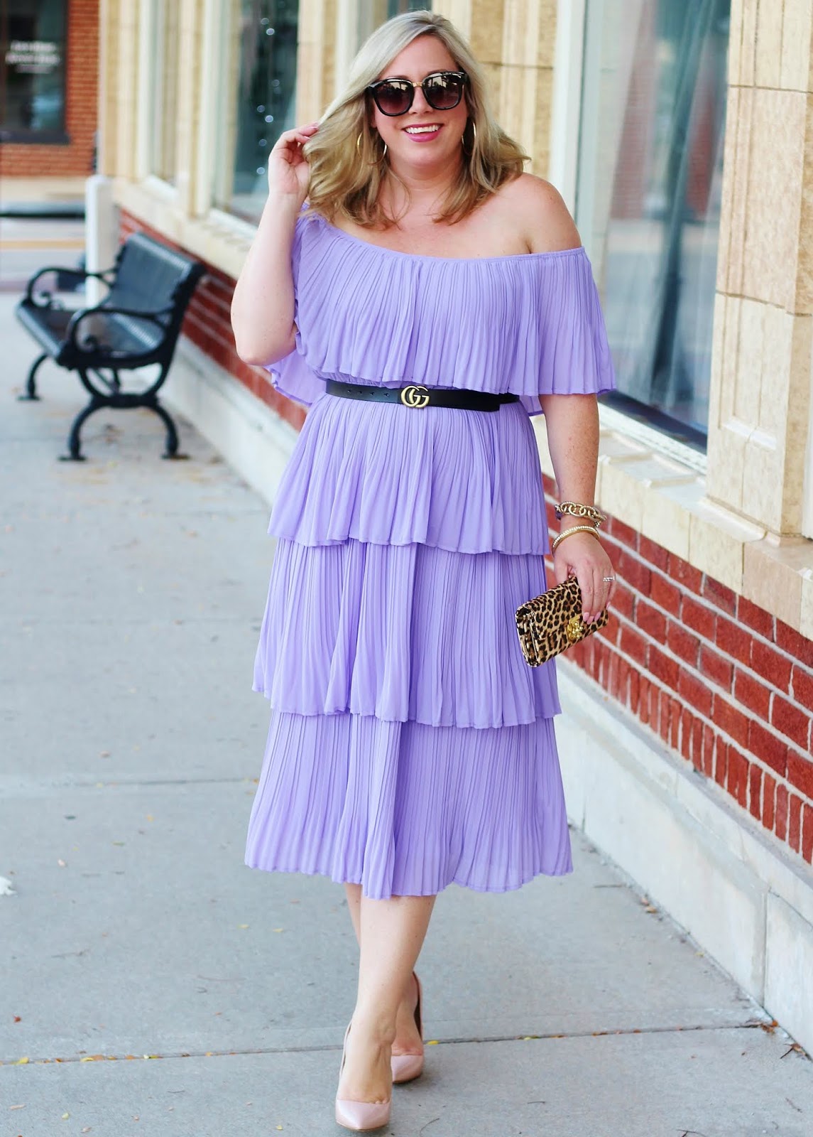 lavender dress with black shoes