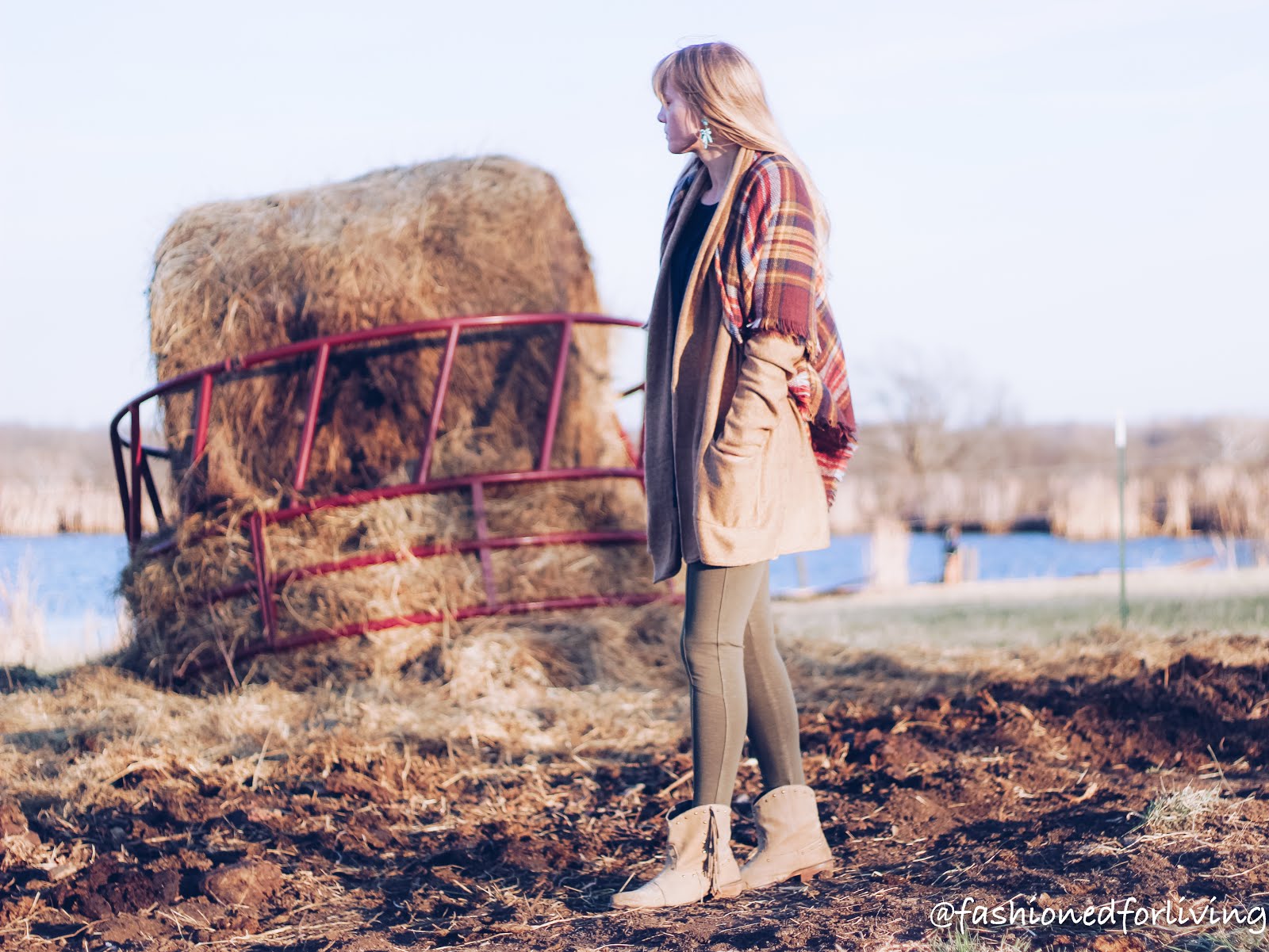olive leggings with fringe cowgirl boots, long brown cardi, and blanket scarf