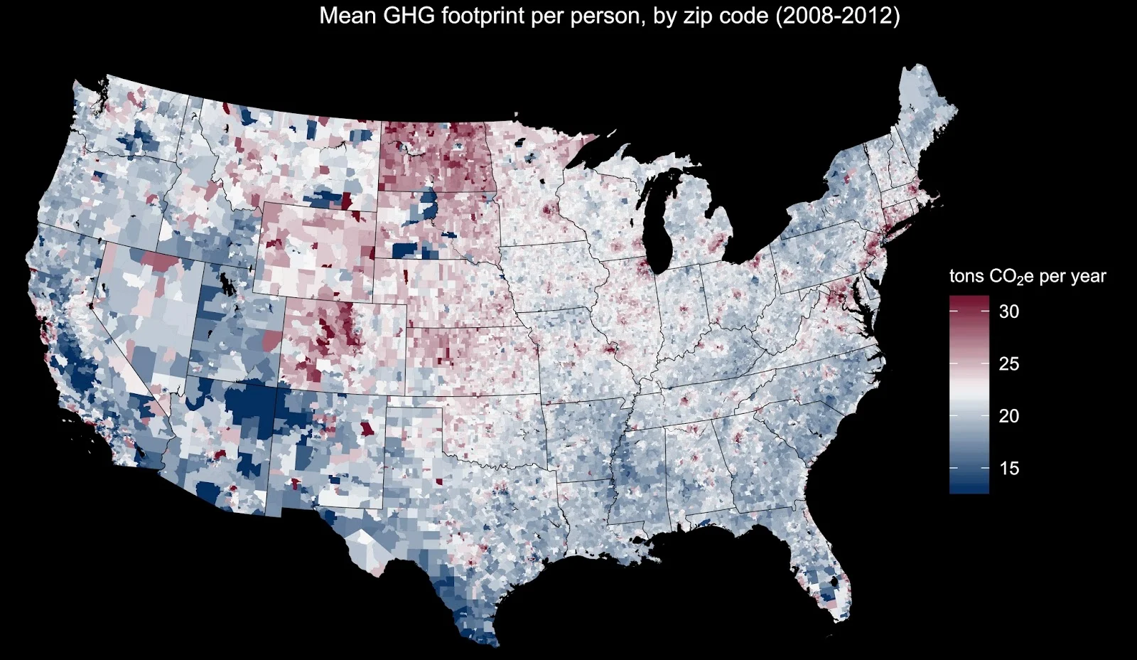 Mean greenhouse gas per person, by zip code (2008 - 2012)