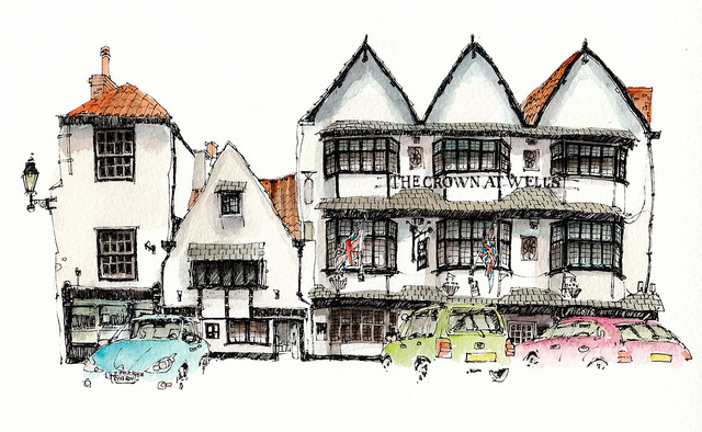 17-UK-The-Crown-at-Wells-Chris-Lee-Charming-Architectural-wobbly-Drawings-and-Paintings-www-designstack-co