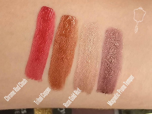 swatches Chrome Red Clash, Tribal Copper, Rose Gold Riot, Magnetic Prune Temper