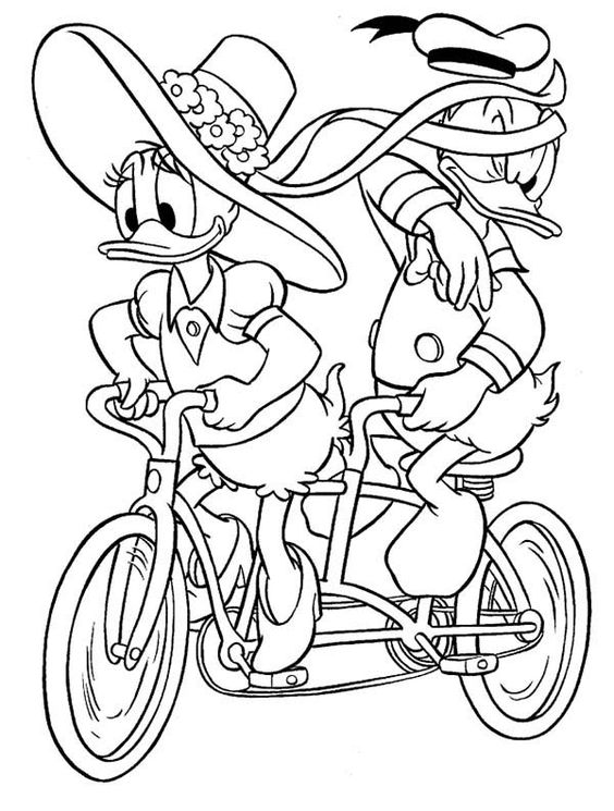 Tranh tô màu vịt Donald và Daisy đạp xe