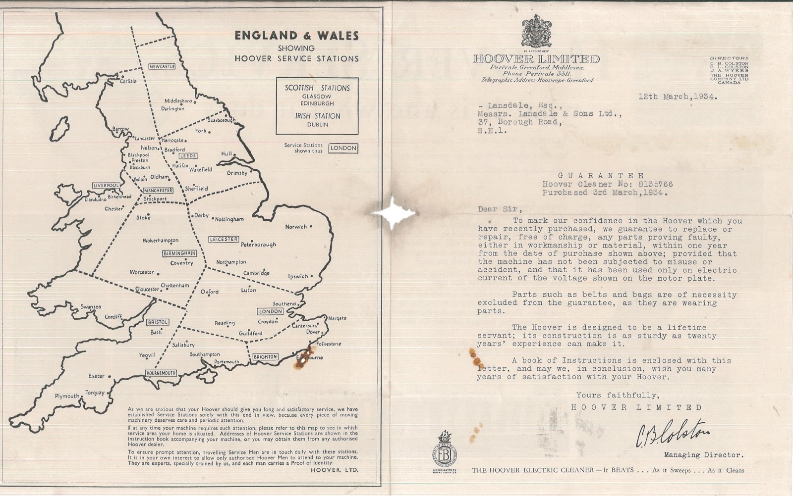 Hoover Warranty Information 12th March 1934