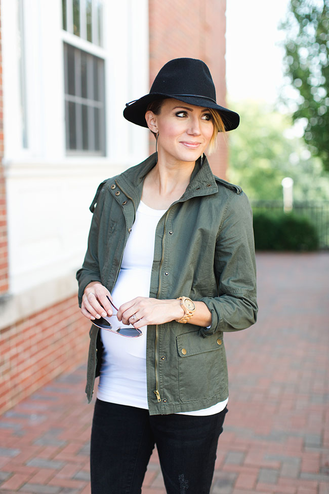 Black Wool Fedora and Military Jacket Maternity Style - ONE little MOMMA