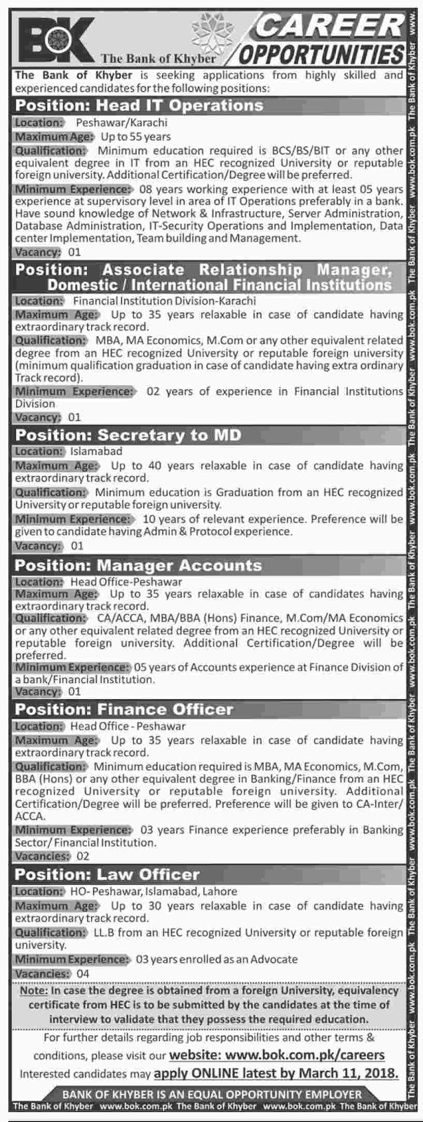 Jobs In The Bank Of Khyber 2018 for Accounts Manager and others