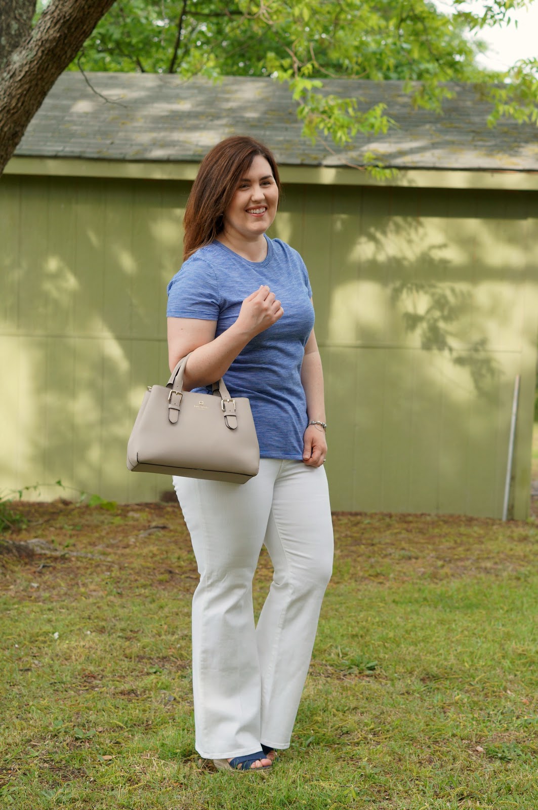 Rebecca Lately Mossimo Essential Crew Neck Ann Taylor White Jeans Navy Espadrille Wedges Kate Spade Cove Provence
