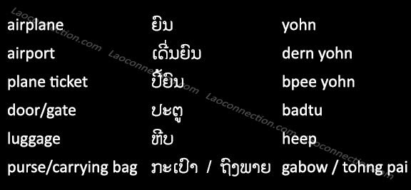 Lao Language:  Travel Words - At The Airport - written in Lao and English