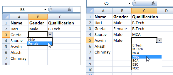 Example of Dropdown list along with the data
