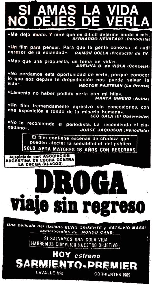 Aviso de 'Droga: viaje sin regreso', publicado en los diarios porteños en abril de 1989