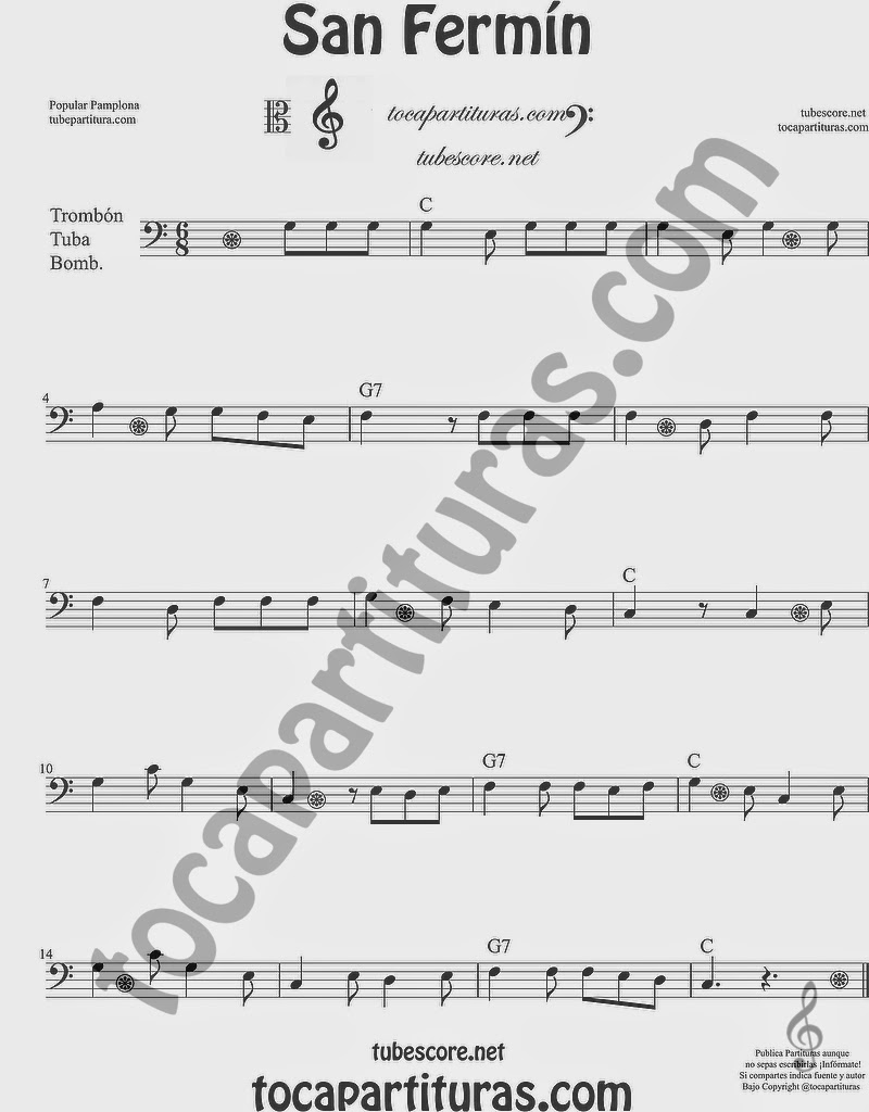  San Fermín Partitura de Trombón, Tuba Elicón y Bombardino Sheet Music for Trombone, Tube, Euphonium Music Scores