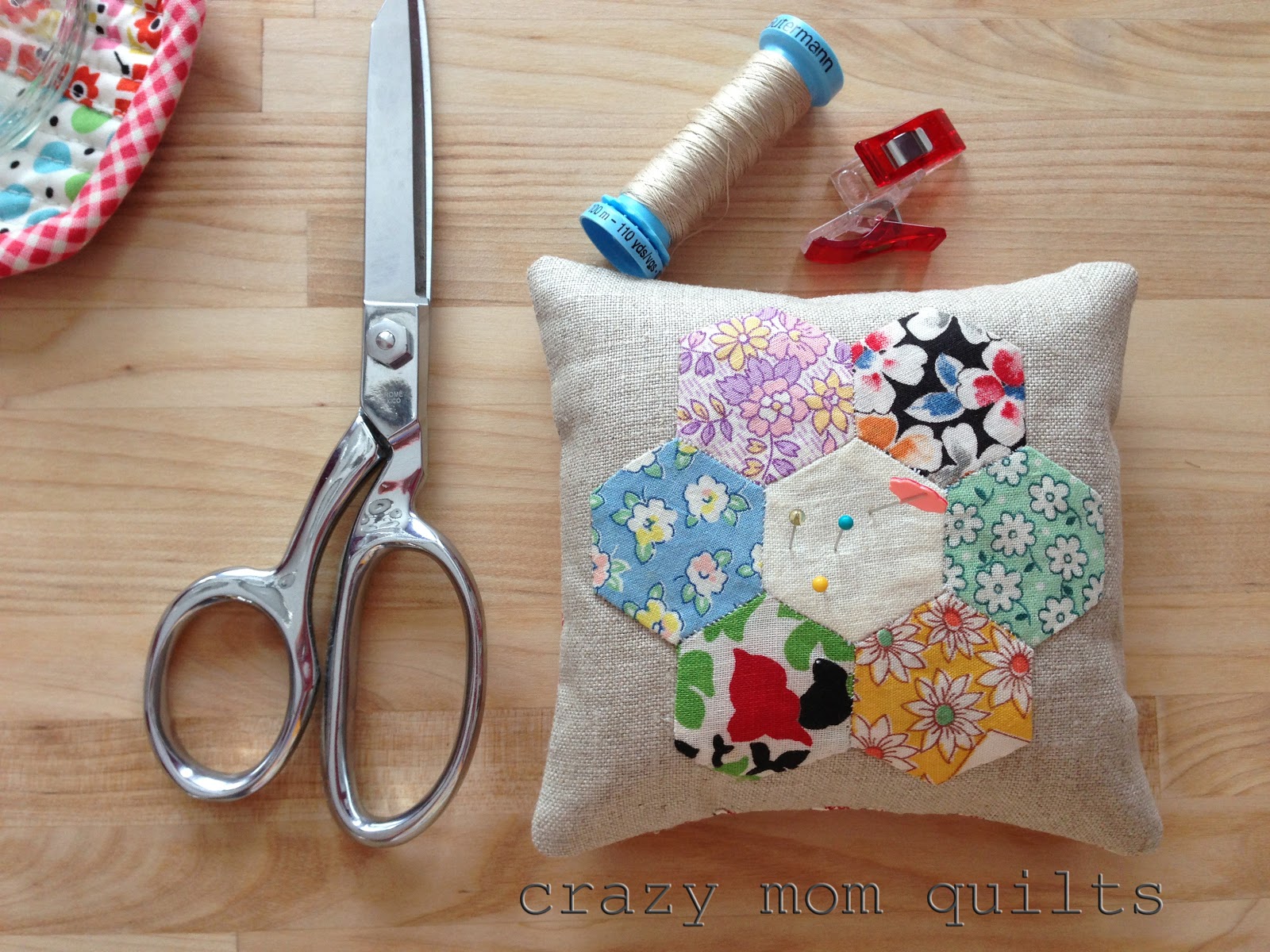 crazy mom quilts hexagon pin cushion