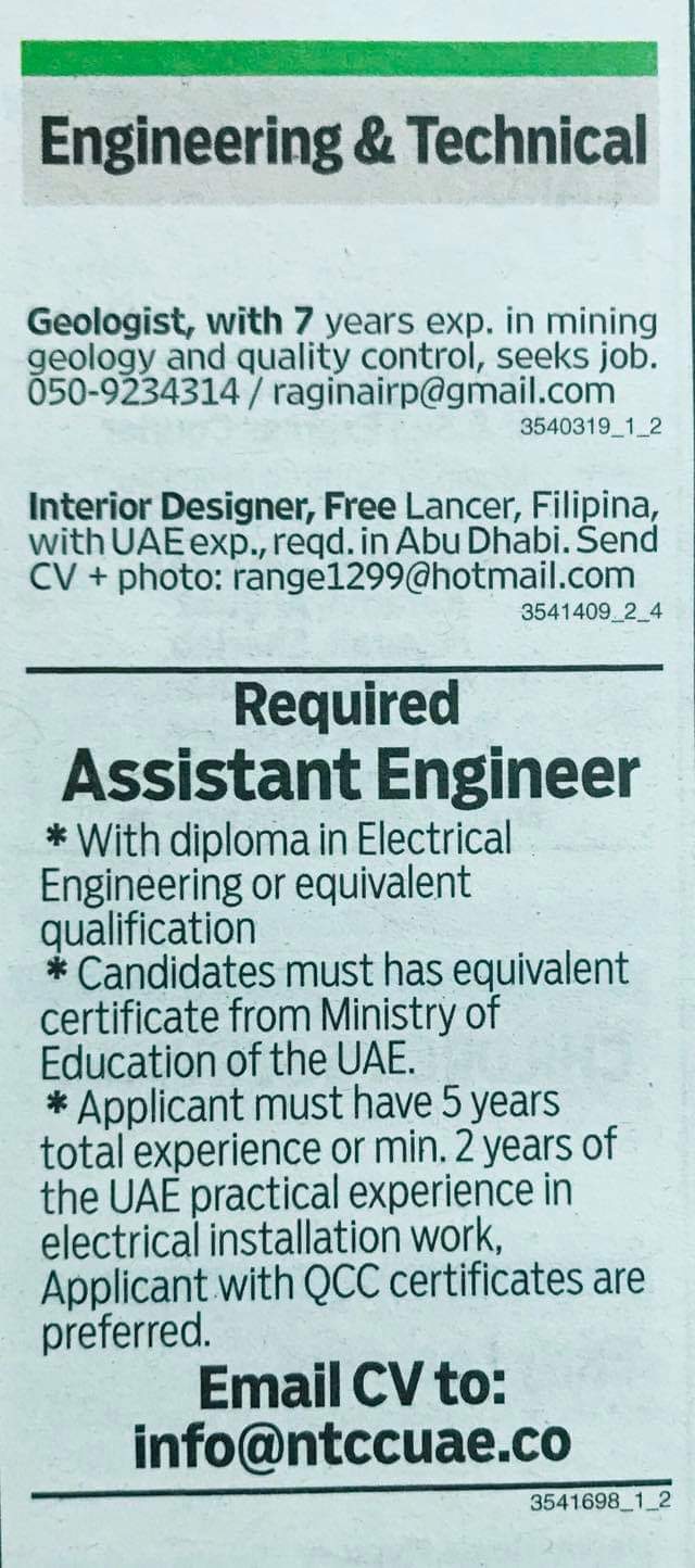 Required Assistant Engineer Interior Designer For Uae