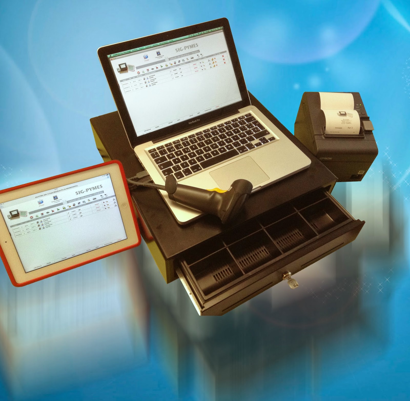 Sig Pyme para Mac con lector de codigo de barras, impresora de ticket y caja monedas