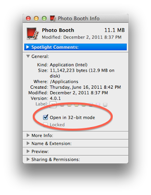 Run in 32-bit mode if Photo Booth freezes and crashes