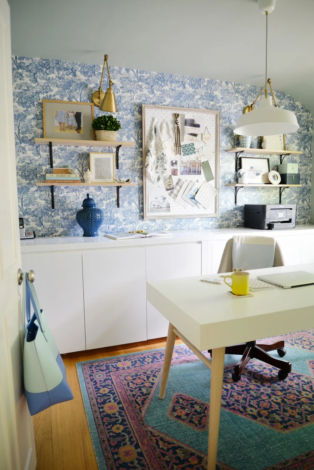 feminine home office, modern traditional office, Rambling Renovators, wallpaper and brass sconces