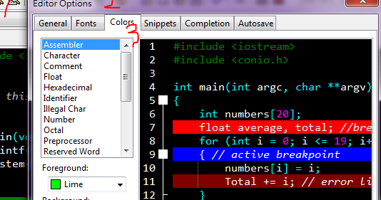 Dev C++ Current Line Color