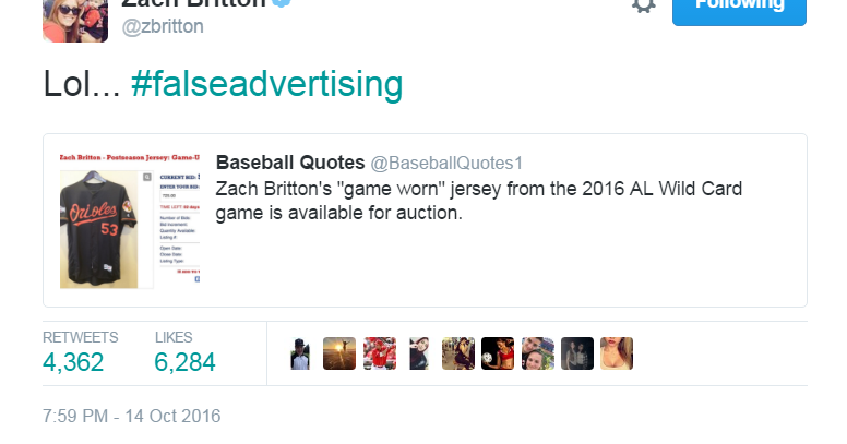 MLB auctioning off 'game-used' Zach Britton jersey from wild-card game