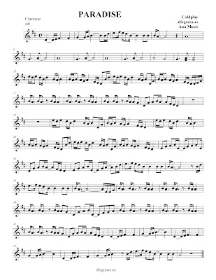 Paradise, de Colplay - Partitura para flauta, clarinete, saxofón, violín, trompeta, acompañamiento...