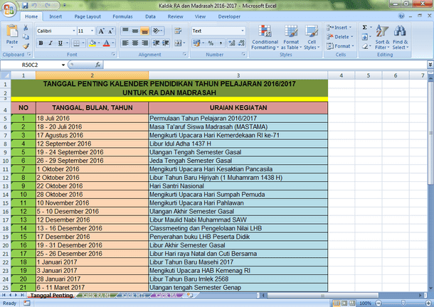 Kalender Pendidikan RA dan Madrasah Tahun Ajaran 2016-2017 Format Microsoft Excel Kalender Pendidikan RA dan Madrasah Tahun Ajaran 2016-2017 Format Microsoft Excel