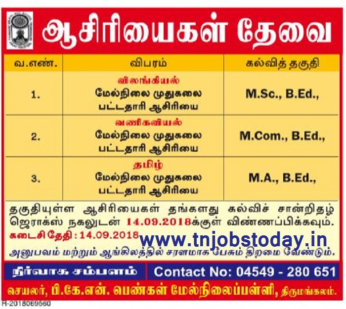 P K N Girls Higher Secondary School Thirumangalam Pg Assistant Recruitment 18 Government Jobs Today