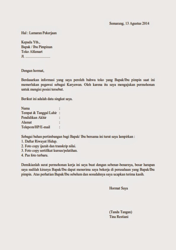 Surat Lamaran Kerja Lulusan Smk Jurusan Tkj
