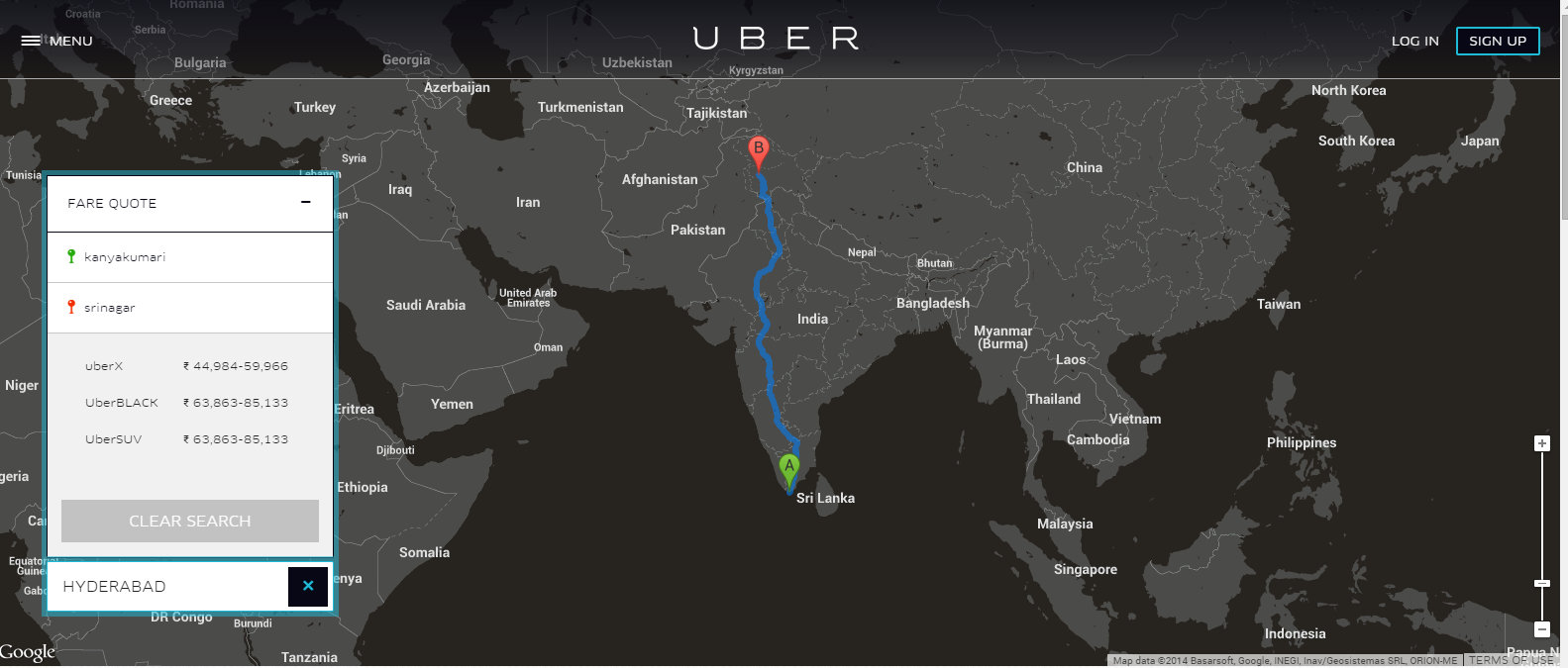 Uber will charge just Rs 44,984/- from Srinagr to Kanyakumari