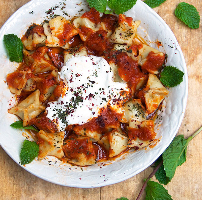 Living Buffchic Style Low Carb Manti Turkish Meat Dumplings in Tomato Butter Sauce