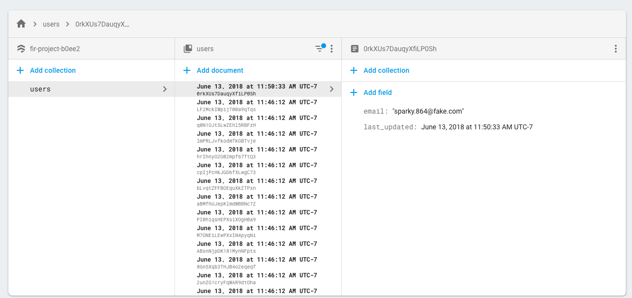 Image showing Cloud Firestore data viewer in the console with the filter applied and documents ordered according to update_time ascending