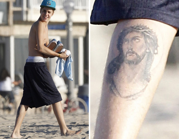 Tatuaje imagen de Jesús en pierna de Justin Biebeer