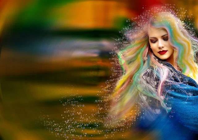 dreamy photo of woman with multi coloured hair