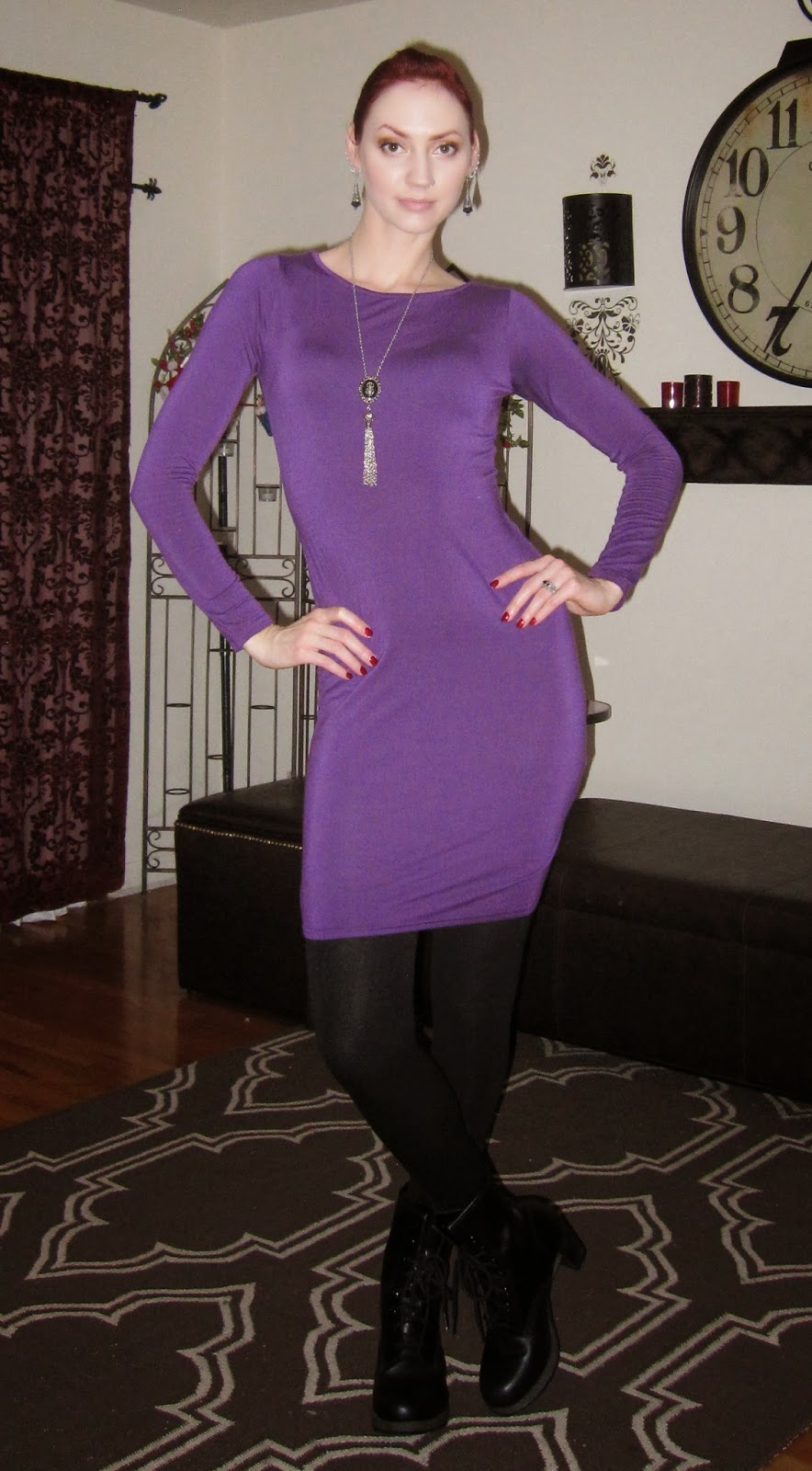 Glitter is my Crack Outfit/OOTD Comfy Purple Dress, Black Tights and