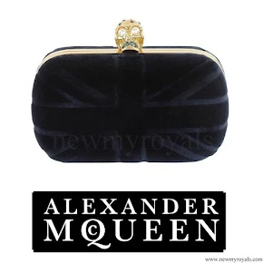 Princess Madeleine style Alexander McQueen navy velvet britannia clutch