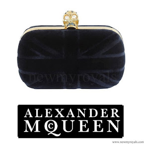Princess Madeleine style Alexander McQueen navy velvet britannia clutch