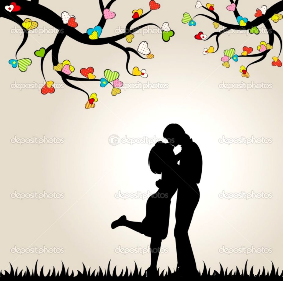 Valentines day background with silhouette of lovers and hearts
