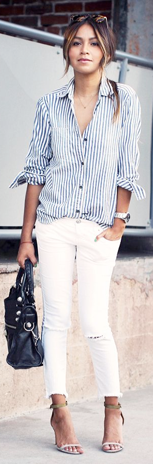 outfit post: blue striped oxford shirt, white distressed skinny jeans ...