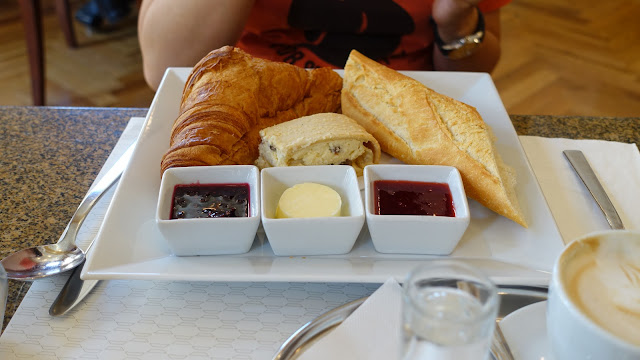 French breakfast croissant au beurre, baguette, curd strudel, butter, marmelade