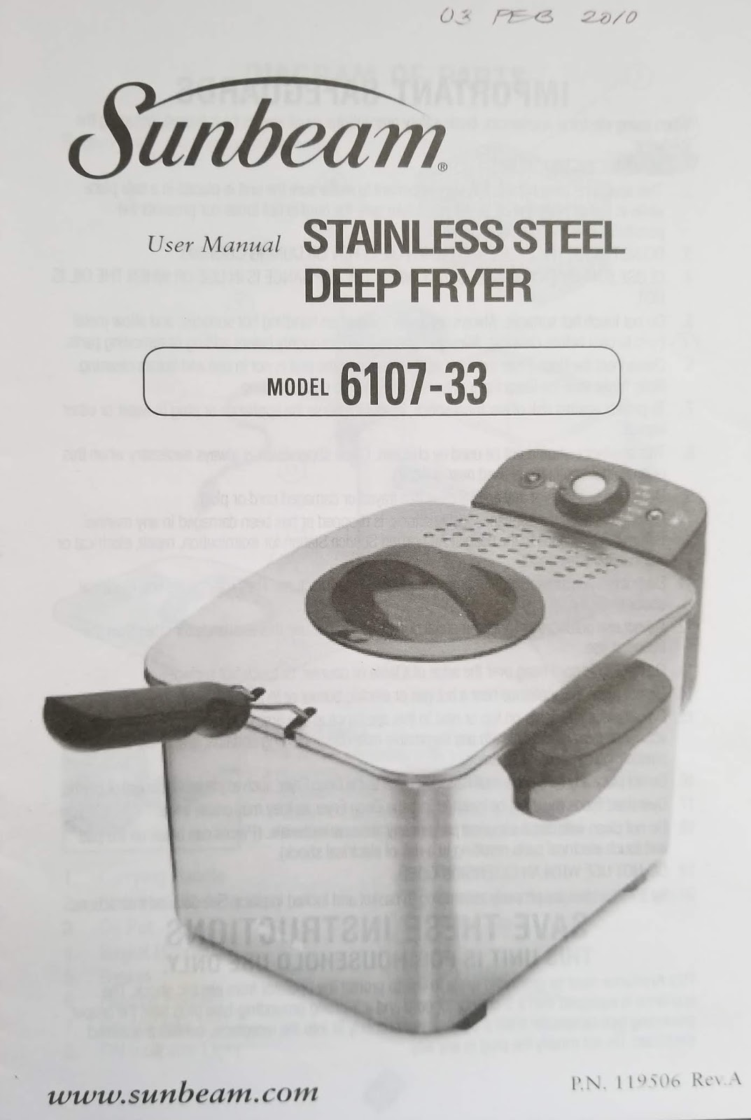 Find Your Manuals Here Sunbeam Stainless Steel Deep Fryer User Manual Model 6107 33