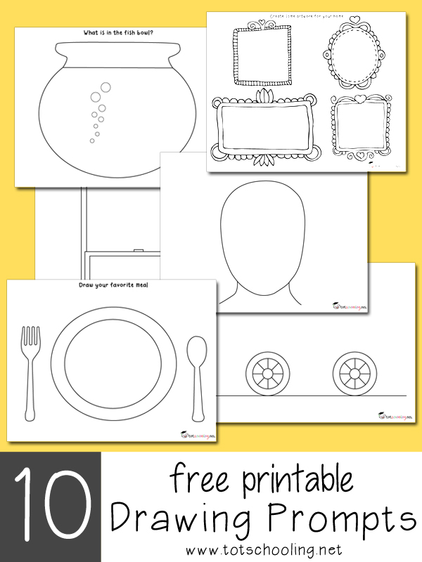 examples of 10 Free Printable Drawing Prompts for kids with a yellow background