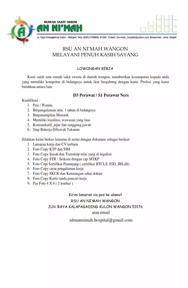 Lowongan Medis Terbaru di RSU An Ni�mah Wangon Kab. Banyumas Lowongan Medis Terbaru di RSU An Ni�mah Wangon Kab. Banyumas