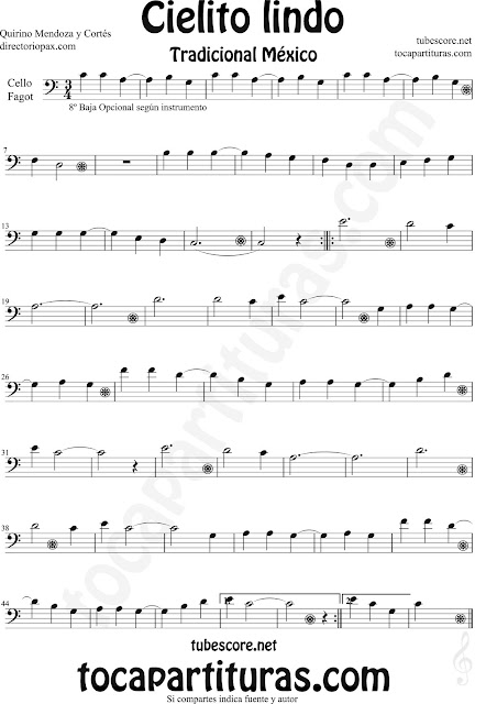 Partitura de Cielito Lindo de Chelo y Fagot en Clave de Fa Cielito Lindo Sheet Music for Cello and Bassoon Quirino Mendoza y Cortés Music Scores