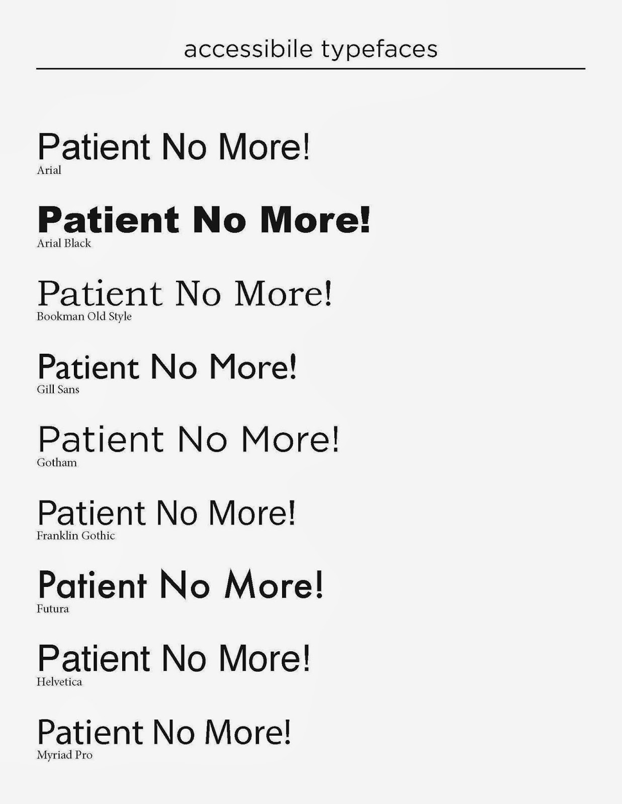 the words "Patient No More!" written in a variety of fonts