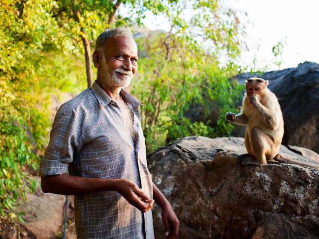 индус кормит обезьнку в Тируванамалаи