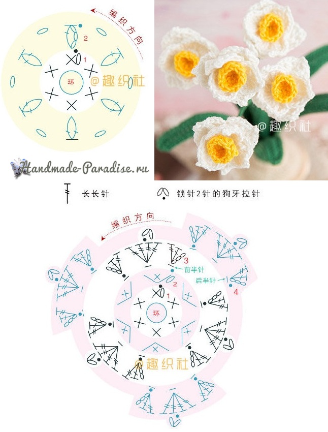 Схемы вязания цветов желтой и белой пряжей