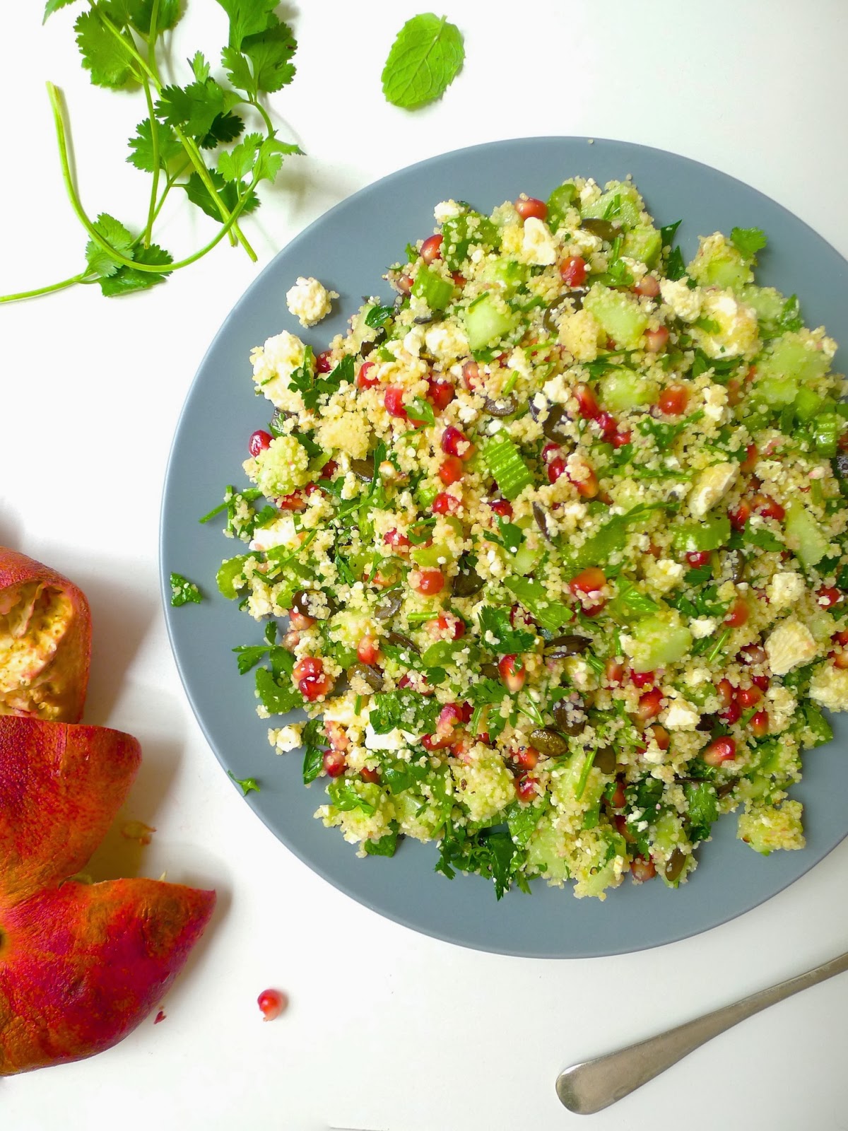 UndomestiKATEd Pomegranate, feta and herb couscous salad