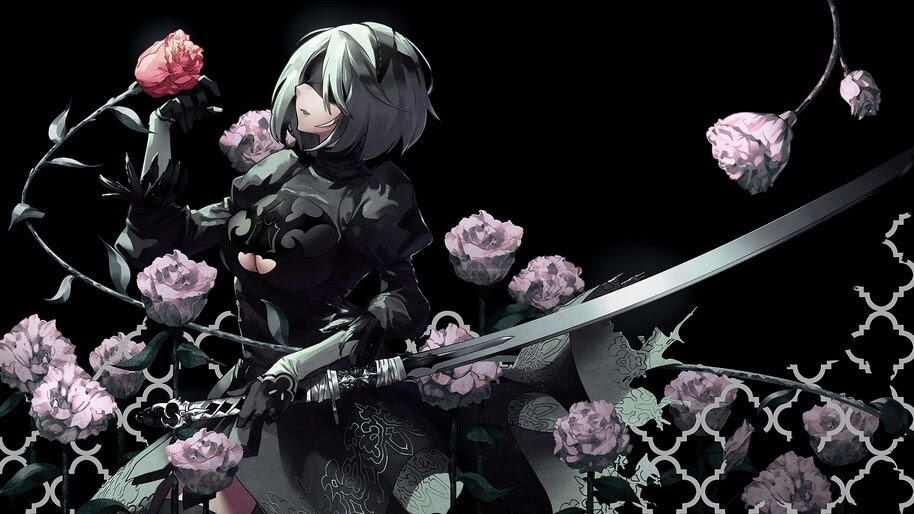2B, Nier Automata, Roses, Katana, Sword, 4K, #6.611 Wallpaper